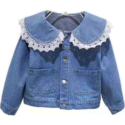 2021 Autumn New 3 4 6 7-10Years Teenager Children Jeans Baby Casual Jackets Kids Sweet Lace Patchwork Neck Denim Coats For Girls