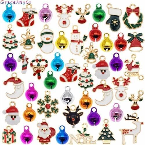 GraceAngie 20pcs enamel christmas charm With Xams Bells for jewelry making fashion Anklet Keychain bracelet Gift DIY Tree Bells