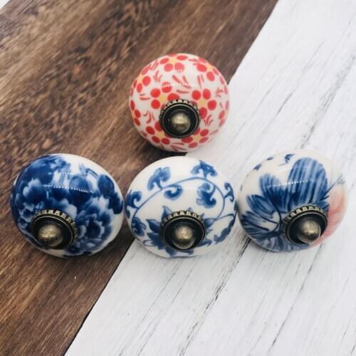 Chinese Blue and White Porcelain Handle Door Knobs Furniture Drawer Cupboard Kitchen Pull Handle Round Ceramic Cabinet Hardware