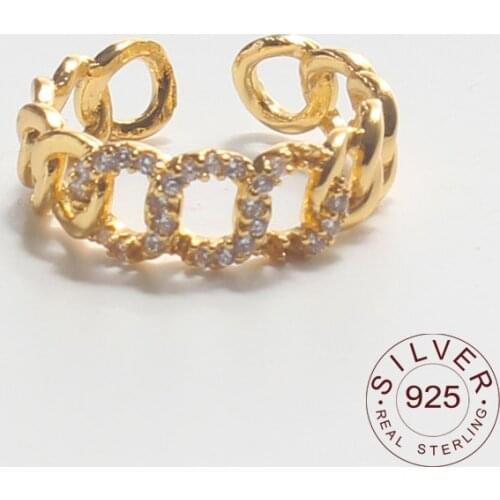 925 Sterling Silver Rings Interware Chain Zircon Hollowout Gold Opening Handmade Ring Fashion Fine Jewelry