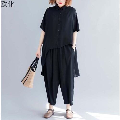 Plus Size Women Cotton Sets Summer Vintage Black Elegant Female Lady Tops Shirt Loose Big Size Long Pants 2 Sets Suits 5XL 2019