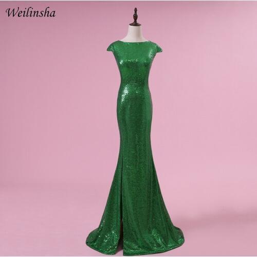 Weilinsha Cheap Mermaid Long Evening Dresses 2018 Slit Cap Sleeve Sparkly Sweep Train Formal Evening Gowns