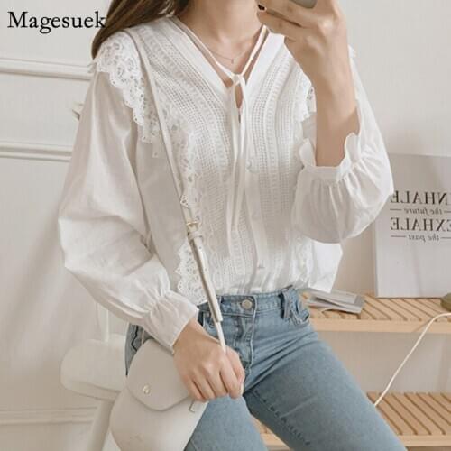 New Spring Long Sleeve Solid Shirt Blouse Crochet Lace Floral Female Shirt Tops Office Casual White Blouses Shirts Blusas 6876