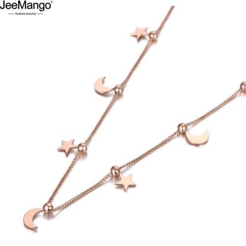 JeeMango Bohemia Titanium Stainless Steel Moon & Star Choker Necklaces For Women Girls Trendy Charm Pendant Necklace JN19214