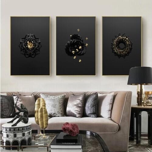 Abstract Art Poster Retro Irregular Pattern Poster 3D Black Gold Skull Sculpture Geometric Flower Paintings Canvas Wall Pictures