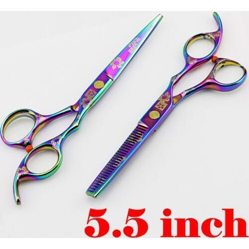 Professional purple rainbow 5.5 & 6 inch cutting & thinning shears hair scissors set barber hairdressing scissors Free Shipping