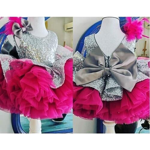 Silver Pink Tutu Girls First Communion Dresses 1 Year Gierls Birthday Celebration Party Dresses Pink Children Girls Tutu Dress