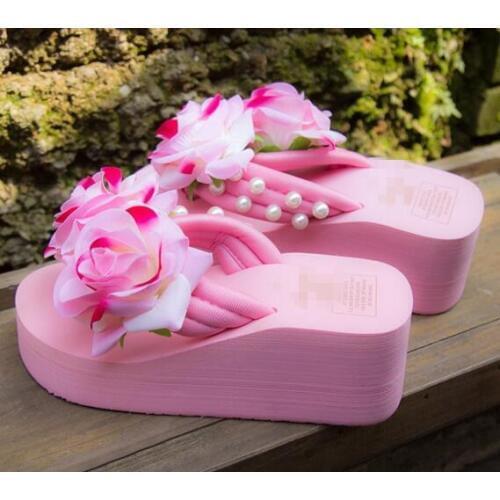 HAHA FLOWER new summer Big Pink Rose flower sewing beach shoes wedges platform durable flip flops Free shipping