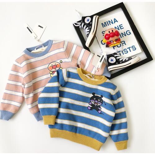 Tonytaobaby Winter New Boys' and Girls' Childrens Clothing Color Contrast Stripe Printing Cartoon Plush Pullover Sweater