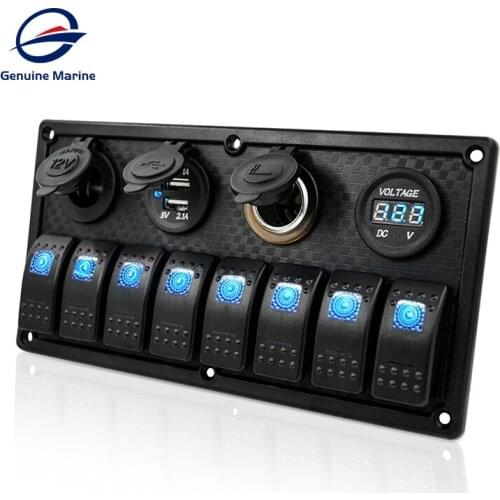 Universal 8 Gang Waterproof Marine Blue Led Switch Panel With Power Socket Voltmeter Cigarette Lighter Socket Dual USB Charging