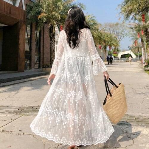 Bohemian White Beach Cover Up Swimwear Sarong Embroidery Lace Kimono Sexy Transparent Long Cardigan Saida De Praia