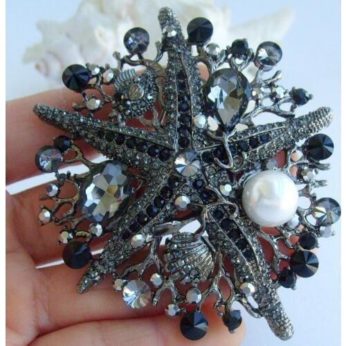 Vintage 3.15" Black Rhinestone Crystal Starfish Brooch Pin Pendant EE06412C6