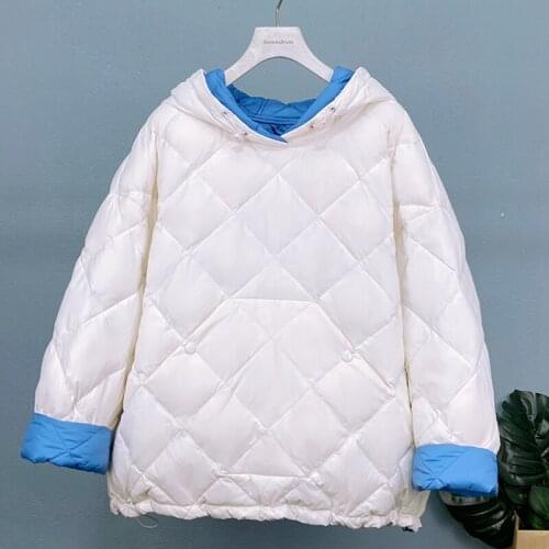 Duck Down Coat Women Parka Autumn Winter 2021 New Hooded Feather Jacket Thin And Light Check Pullover Loose Overcoat Female Top