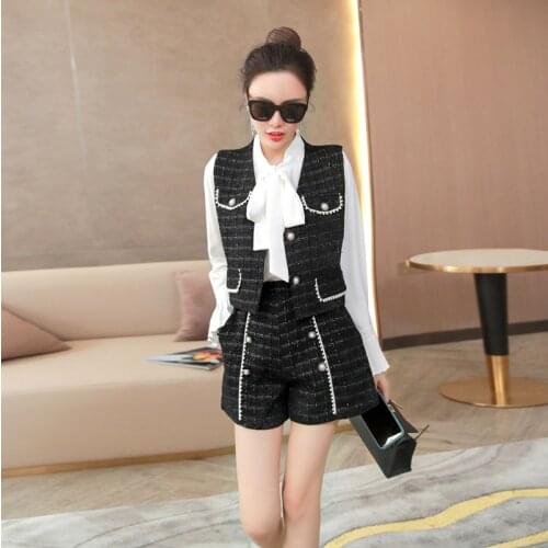 Newest Autumn 3 Piece Set Women White Bowknot Shirt Top+Single-Breasted Plaid Tweed Vest + Shorts Set Casual Girls Pant Set