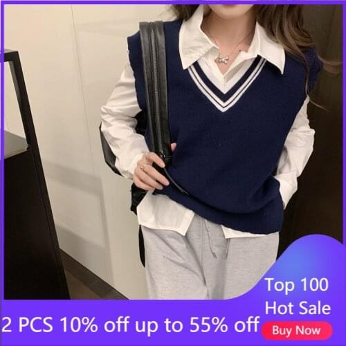 Women autumn winter vintage v-neck knitted vest sweaters tops H6863