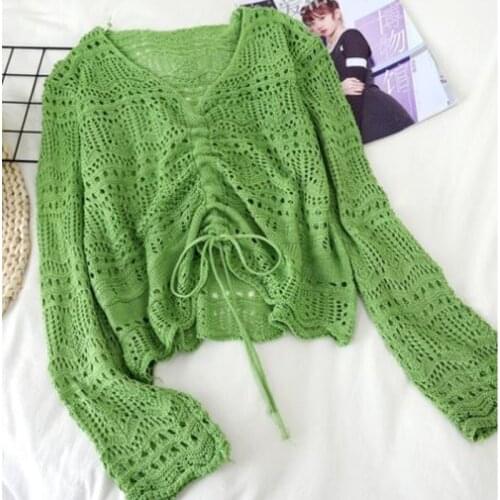 Women Summer Thin Hollow Out Knitted Sweater 2021 Design New Long Sleeve V-Neck Drawstring Short Tops Pullovers Casual Knitwear