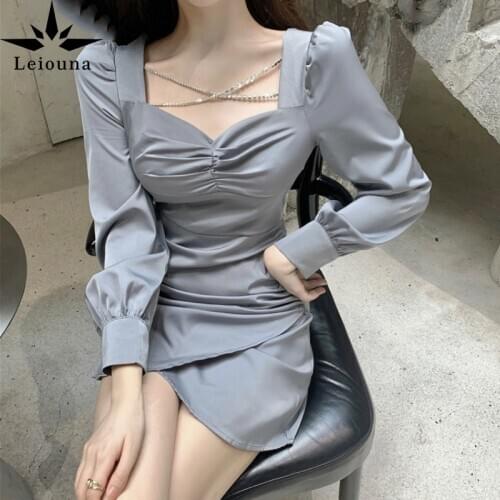 Leiouna V-Neck Women 2021 Spring Autumn New Solid Sheath Sexy Hepburn Draped Mini Fashioln Ladies Wild Vestido Feminino Dress