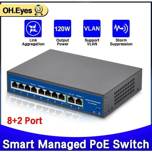 10Port POE Ethernet Switch 52V VLAN 10/100Mbps IEEE 802.3 Af/at Standard Network Switch for CCTV IP Camera Wireless AP 250M
