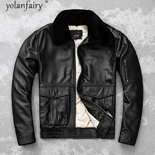 2020 Winter Genuine Leather Jacket Men Cotton Real Cow Leather Coats Wool Collar Streetwear Mens Clothing Warm Veste Homme 2021