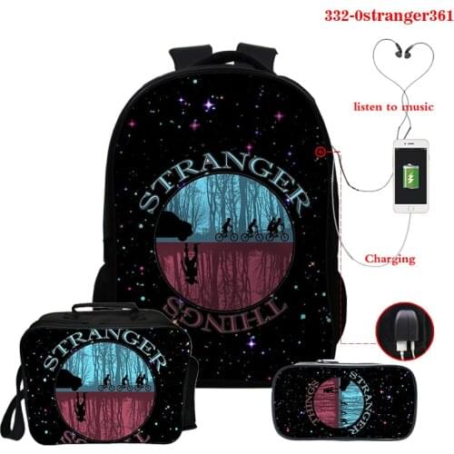 Anime Stranger Things School Backpack Boys Girls Bookbags 3 PCS Set Book Knapsack USB Charging Travel Rucksack Lunch Box Mochila