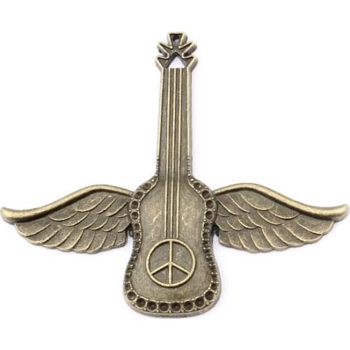5PCS Antique Bronze Large Angle Wings Feather Guitar Charms Pendant for Necklaces Jewelry Making Accessories Craft 63x54mm