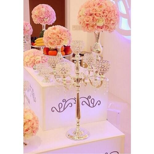 75 cm height 5-arms metal silver Gold candelabras with crystal pendants wedding candle holder Event centerpiece