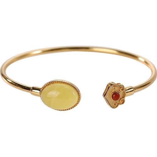 S925 sterling silver gold plated Natural Amber Beeswax Bracelet Retro Simple Temperament Ruyi Womens bracelet