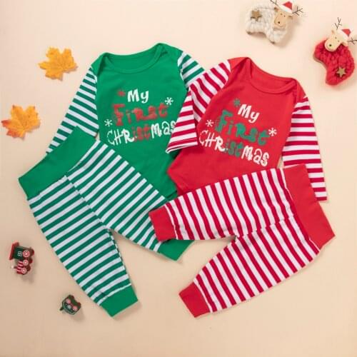 Two Piece Baby Girls Boys Clothes Christmas Letter Print Long Sleeve Romper and Stripe Long Pants Santa Outfits