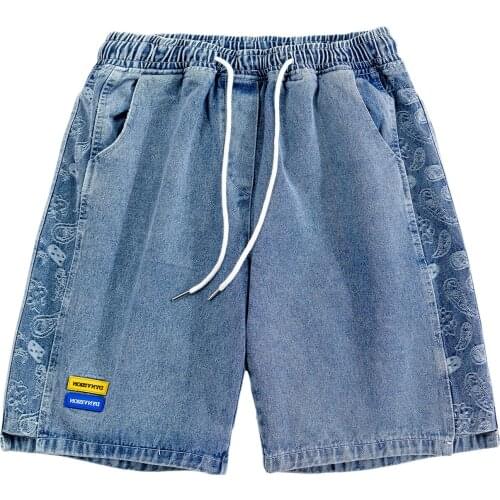 Summer Mens Denim Bandana Paisley Pattern Patchwork Short Jeans Streetwear Harajuku Shorts Pants Elastic Waist