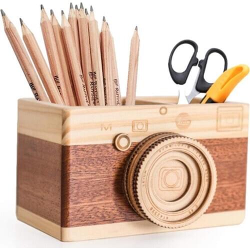 Creative Camera Wooden Pencil Holder Home Desktop Stationarys Makeup Organizer Square Pen Holder
