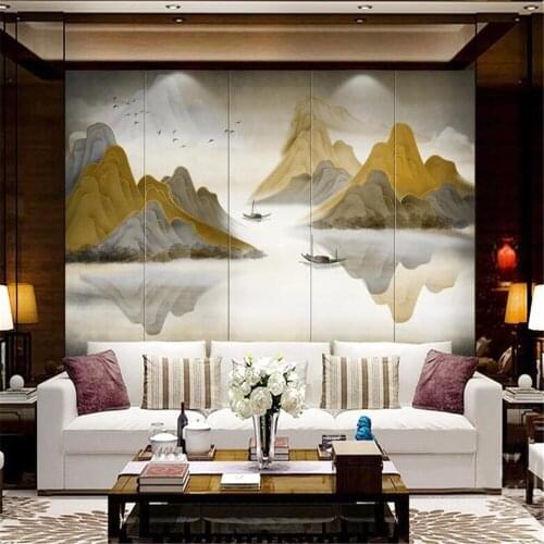 Milofi Chinese creative noble gold landscape art large mural wallpaper bedroom living room TV background wall painting