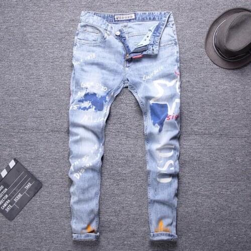 European American Street Fashion Men Jeans Retro Light Blue Slim Fit Printed Jeans Men Designer Hip Hop Denim Punk Pencil Pants
