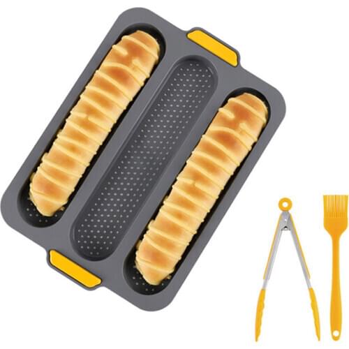 Baguette Mould Set 3 Grids Non-stick Silicone Bread Mould Heat Resistant Baking Pan Mold Kitchen Bakeware Cake Food Clip Tools