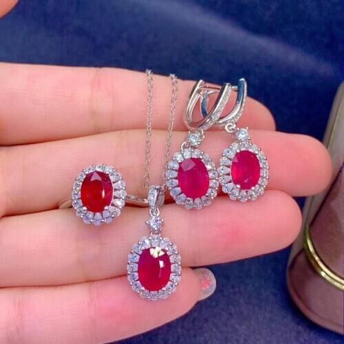 100% Real and Natural Ruby Set 925 Sterling Silver 1pc Ruby Ring,2pcs Ruby Earring,1pc Ruby Pendant