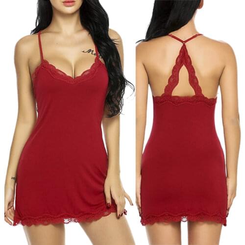 Sexy Womens Nightgowns Fashion Lingerie Lace Sleepwear Red Silk Satin Night Dress Sleeveless Nighties Underwear for Ladies 2021