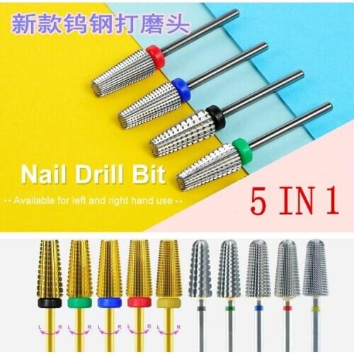 New 5 IN 1 Tapered Carbide Nail Drill Bits Two-Way Carbide Bit Drill Accessories Milling Cutter For Manicure left and right hand