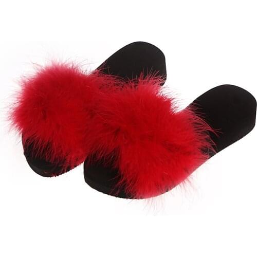 Woman New 2021 Red Platform Slippers Summer Home Furry Flip Flops Outdoor Beach Black Closed Toe Female Sandals Platform