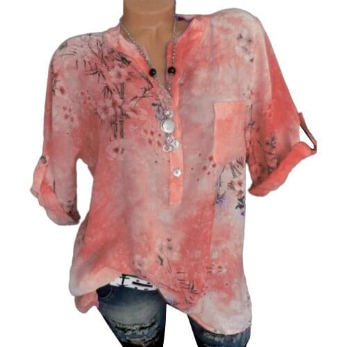 Summer Casual Women Shirt Plus Size Fashion Flower Print V Neck Lady Patch Pocket Long Sleeve Shirt Blouse женское платье 2021