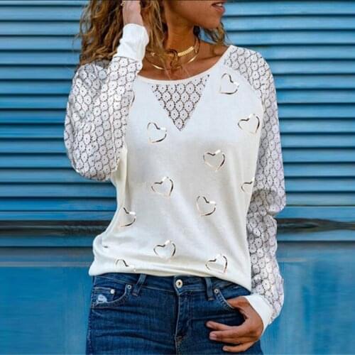 Casual Long Sleeve T-Shirt Female Fashion Lace Patchwork T Shirt Women Elegant Bronzing Heat Print Tops for Girl Tee Plus Size