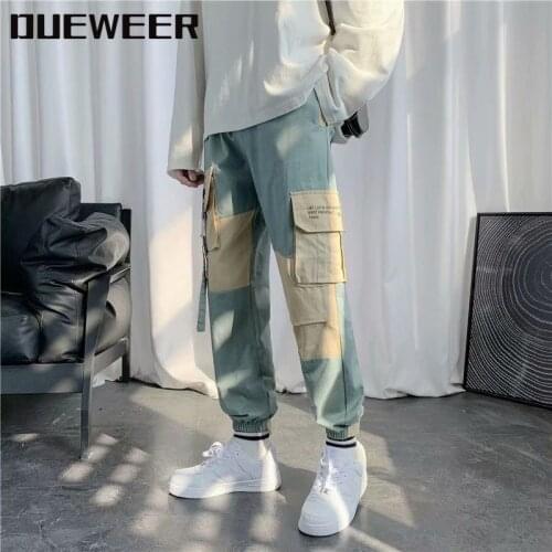DUEWEER Casual Pants Mens Overalls Spring And Autumn Splicing Ins Korean Style Trendy Loose Versatile Cargo Trousers Streetwear
