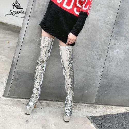 Sgesvier Super High Heels Platform Thigh High Boots Women Shiny Patent Leather Over The Knee Shoes Lace Up Zip Nightclub Botas