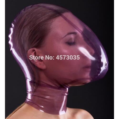 Sexy handmade women female unisex exotic transparent purple latex inflatable full breath hole hoods mask cekc lingerie uniform