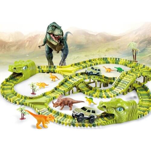 128-291pcs Dinosaur Railway Toy Racing Track Set Rail Car Toys Bend Flexible Race Track Flash Light Car Toys for Children Gift