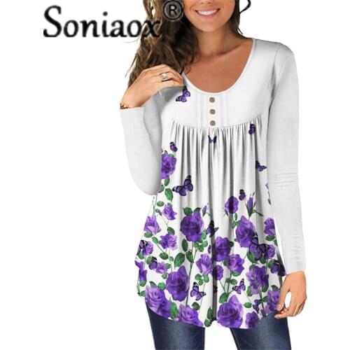 2021 Women Autumn Large Size T-Shirt Ladies Round Neck Long Sleeve Button Decor Casual Floral Butterfly Print Plus Size T Shirt