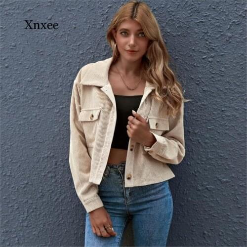 2021 Autumn and Winter Womens Street Corduroy Shirt Jacket Fashion Casual Solid Color Jacket Sweet Wind Pocket Button Cardigan