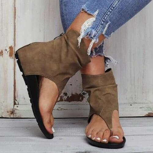 2020 Ladies Sandals Clip Toe Flat Women PU Leather Gladiator Shoes Summer Female Flip Flop Zipper Plus Size Casual Woman Shoes