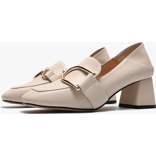 6CM Womens Shoes 2020 Spring Fashion New Metal Buckle Casual High-heeled Loafers High (5cm-8cm) Square Heel Pointed Toe