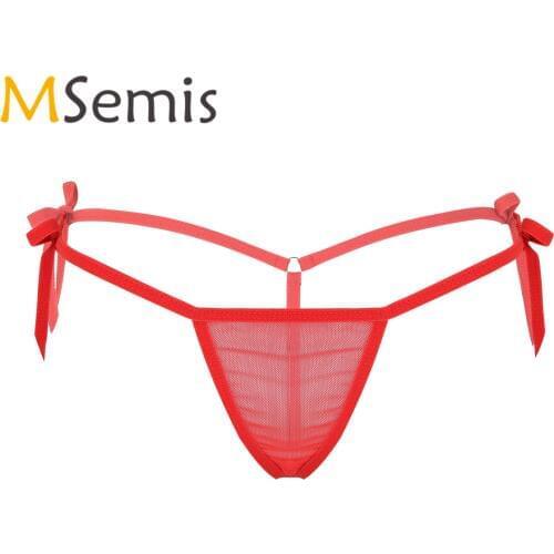 Womens Swimsuit Mesh Lingerie Underwear See Through Sheer Low Rise Tie-Side T-Back Mini G-String Thong Bikini Briefs Underwear