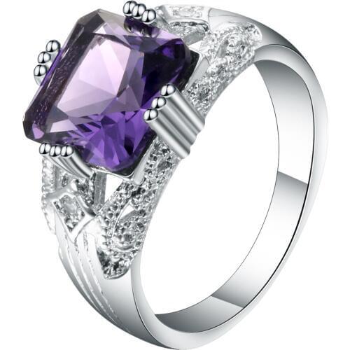 Elegant Purple Austrain Crystal Bead Created Design Ring Silver Color New Trendy Womens Pave Wedding Bands Ring Bijoux Femme