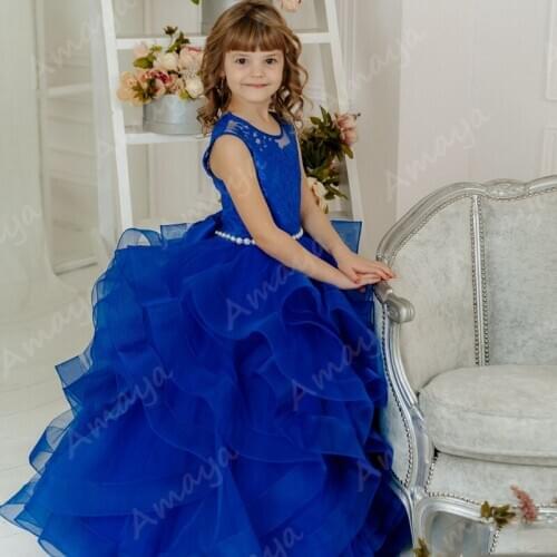 Amaya Royal Blue Ruffles Flower Girls Dresses Lace Appliques Pageant Communion Gowns Sleeveless Robe de Soirée De Mariage